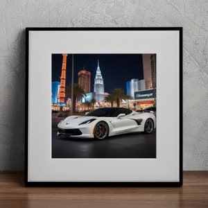 Chevrolet Corvette C8 Stingray auto stampa realistica auto sportiva bianca arte digitale vita notturna di Las Vegas decorazione della parete stampa luci al neon stampe d'arte