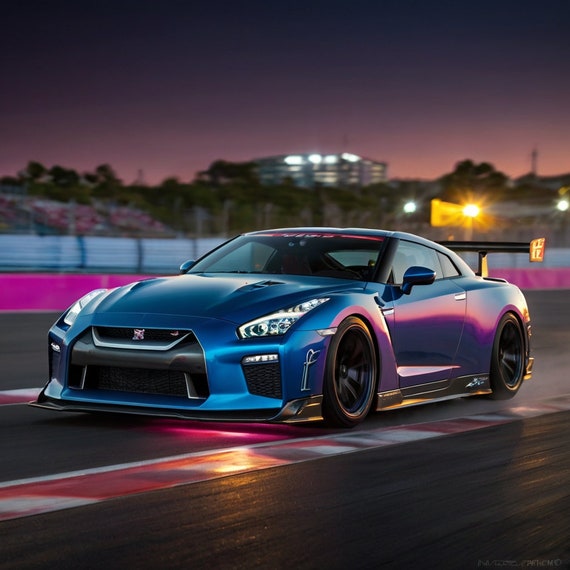 Nissan R35 Neon Car Print Futuristic Racetrack Drive Car Wall Art