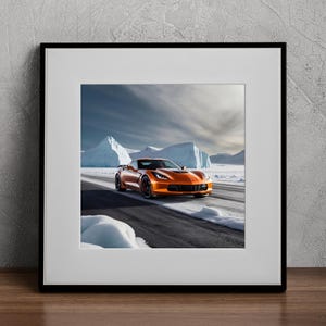 Chevrolet Corvette C6 Car Print Orange Sports Car Digital Car Art Antártico Icy Drive Car Wall Art White Snowy Mountains Impresión digital 1:1