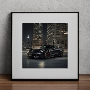 Chevrolet Corvette Z06 Black Car Print Chicago Urban Cityscape Digital Print Luxury Modern Supercar Car Wall Art Realistic Night Digital Art