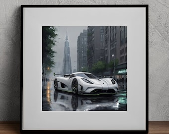 Koenigsegg Jesko White Absolut Rainy Cityscape Car Print Realistic Luxury Supercar Car Wall Art Ideal for Car Lovers Digital Art Print 1:1