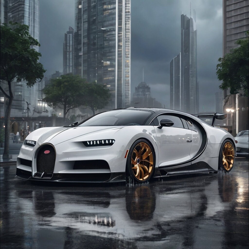 ブガッティ チェントディエチ ホワイト 雨の街並み 車のプリント リアルな高級スーパーカー 車のウォールアート 曇りの夜のデジタルカーアート  車好きに最適 - Etsy 日本, image size:1024x1024