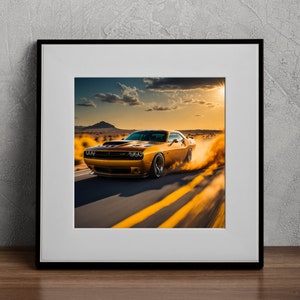 Dodge Challenger Gold Car Print Realistic Luxury Supercar Car Wall Art Desert Road Drive Digital Car Art Sunny Summer Mountain Digital Print