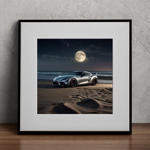 BMW GR Supra Silber-Auto-Druck Mondschein Sternenstrand Digital Car Art Sandy Beach Nächtliches Auto-Wand-Kunst Realistischer Automobil-Digitaldruck
