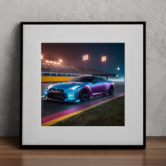 日産 スカイライン  3D クリスタルアート Nissan R35 Neon Car Print Futuristic Racetrack Drive Car Wall Art
