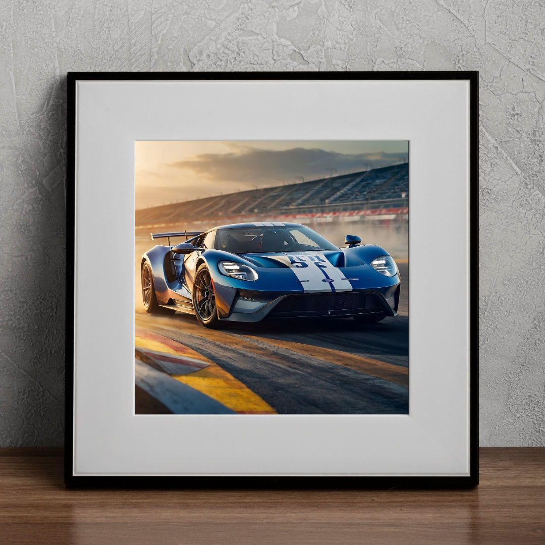 Ford GT Blue Racetrack Car Print White Strip Racing Car Wall Art