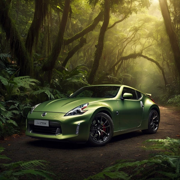 Nissan 370Z Green Car Print Realistic Sports Car Wall Art Tropical Rainforest Jungle 1:1 Digital Print for Car Enthusiasts and Nature Lover