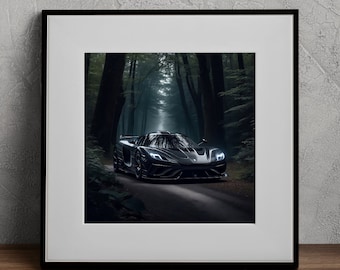 Koenigsegg Regera Black Car Print Realistic Dark Forest Car Wall Art Carbon Fiber Supercar Digital Car Art Night Nature Drive Digital Print