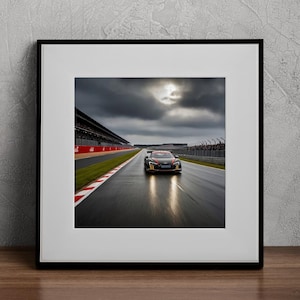 Impresión de coche Audi R8 GT2, superdeportivo de lujo negro, arte digital para coche, circuito de Le Mans, arte mural de coche, impresión digital de carreras de alta gama, decoración de pared con cielo nublado