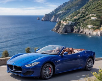 Maserati MC20 Blue Car Print Italian Coastal Oceanview Car Wall Art Realistic Sports Car Digital Car Art Bright Nature Landscape Digital Art