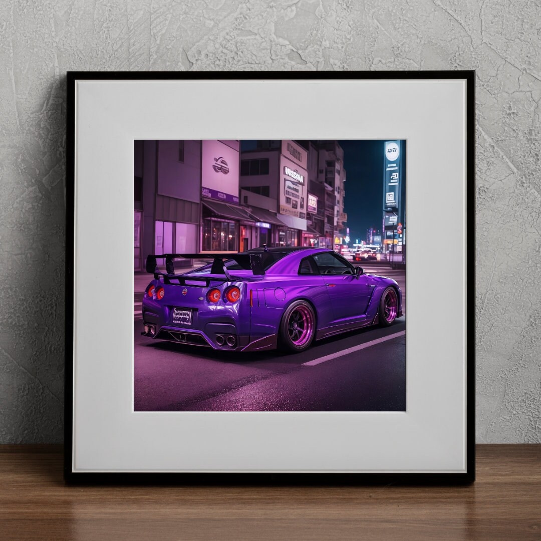 Nissan R34 Skyline Purple Cityscape Car Print Nighttime Realistic