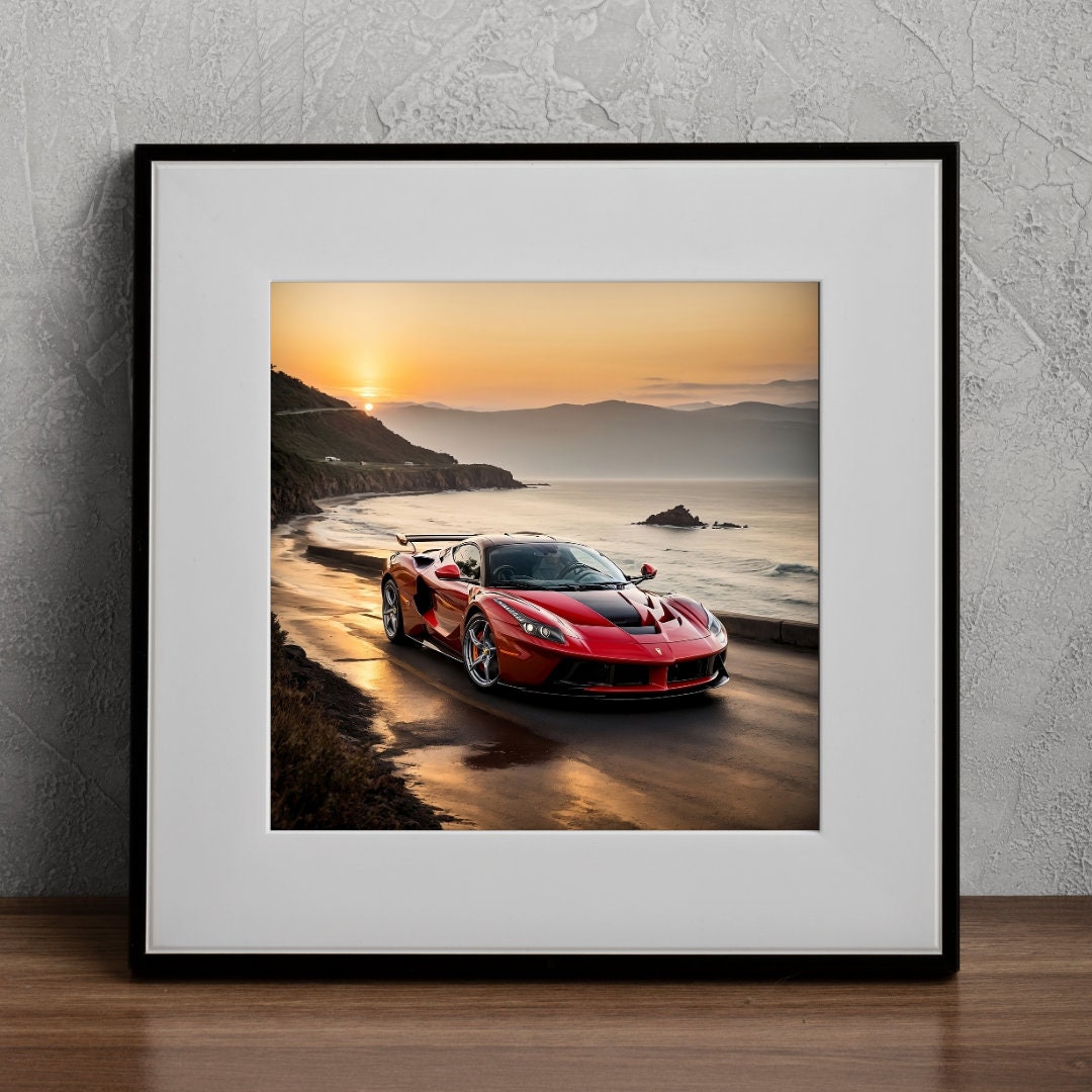 Ferrari Laferrari Red Car Print Sunset Coastal Cruise Car Wall Art