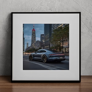 Porsche Taycan Turbo S Car Print Realistic New York Cityscape Car Wall Art Luxury Electric Vehicle Car Wall Art Urban City Night Digital Art