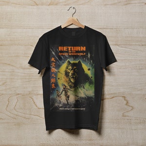 Return of the Space Werewolf | Vintage Chinese Monster Sci-Fi Horror Movie Poster T-Shirt, Retro Space Wolf Creature Maximalist Graphic Tee