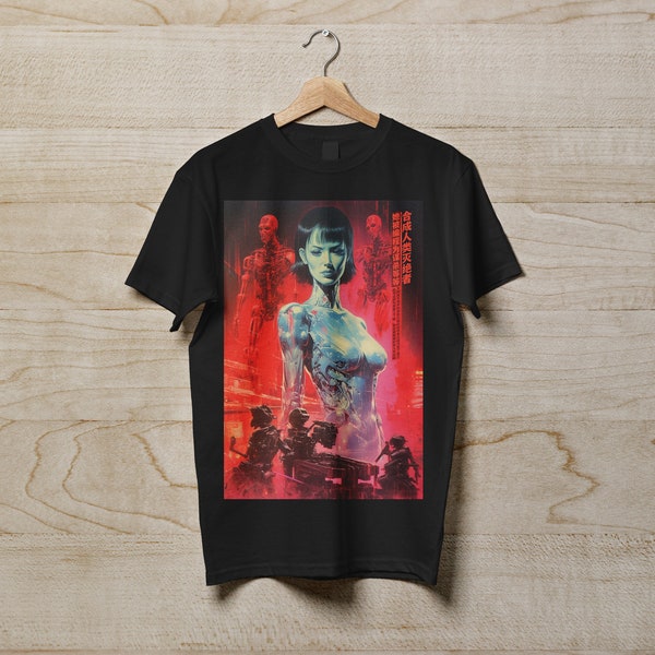 Programado para asesinato / Camiseta con póster de película Cyberpunk de ciencia ficción china vintage, camiseta gráfica maximalista de robot industrial retro