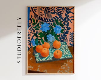 Bold Still Life Art Print: Blue Florals and Oranges, Patterned Tablecloth & Retro Style (Digital File)