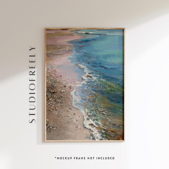 砂浜 絵画 海岸の油絵 ピンクの砂浜に描かれた海の波の