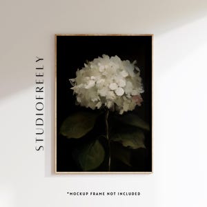 Weiße Hortensie Kunstdruck, dunkle Blumenwandkunst, stimmungsvolle botanische Malerei (Digitale Datei)