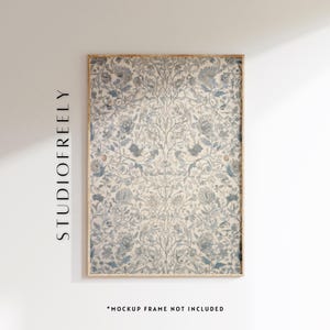 Vintage blommig gobelängtryck: Dämpad blå botanisk väggkonst (digital fil)