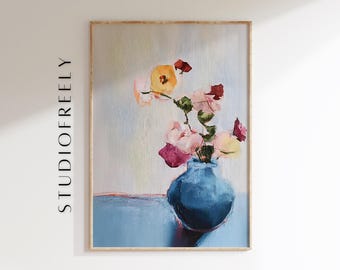 青い花瓶のフラワーアレンジメント油絵ヴィンテージ花の静物画アート