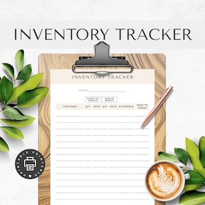 May include: A wooden clipboard with an "INVENTORY TRACKER" form, a pen, and a cup of coffee. The form has sections for item name, quantity, and units. The words "INVENTORY TRACKER" are at the top of the form and the clipboard.