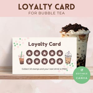 Carte de fidélité Boba Tea, Carte perforée Bubble Tea, Modèle modifiable, Carte de récompenses imprimable, Design personnalisable, Salon de thé, Carte de fidélité Café