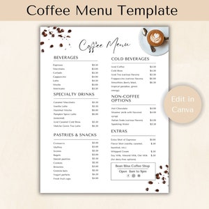 Modelo de menu de cafeteria, lista de preços, design de menu de café, marca de cafeteria, menu de café expresso, menu de cafeteria personalizado, menu de bebidas minimalista
