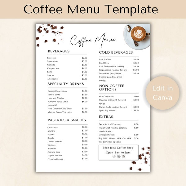 Coffee Shop Menu Template, Price List, Cafe Menu Design, Coffeehouse Branding, Espresso Menu, Custom Coffee Shop Menu, Minimalist Drink Menu