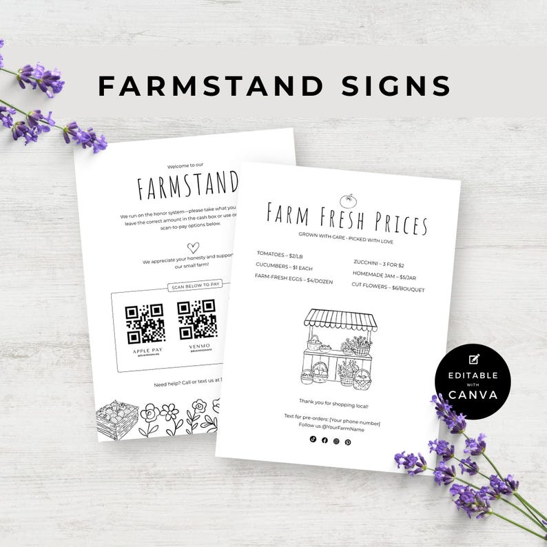 Editable farm stand signs shown on a neutral flat lay with greenery. Ink-friendly printable designs for welcome sign, price list, and payment instructions.