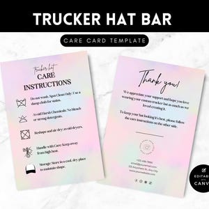 Può includere: Due schede di cura per un bar di cappelli da camionista. La scheda a sinistra ha uno sfondo sfumato rosa e blu con istruzioni di cura per un cappello da camionista. La scheda a destra ha uno sfondo sfumato rosa e blu con il testo "Grazie!" e un logo aziendale e informazioni di contatto.