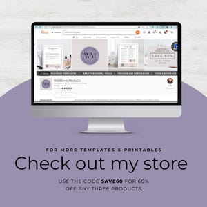 Puede incluir: Un monitor de ordenador muestra una tienda de Etsy, WildflowerMediaCo, que ofrece plantillas comerciales y herramientas para negocios de belleza. La pantalla muestra "SAVE 60%" y "Check out my store". El fondo es de color lila claro.