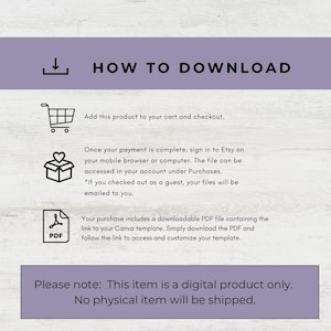 Puede incluir: Una gu&iacute;a de descarga de productos digitales con el t&iacute;tulo "HOW TO DOWNLOAD" en texto negro. Las instrucciones incluyen agregar al carrito, acceder al archivo en Etsy y descargar un PDF con un enlace de plantilla de Canva. Es un producto digital.