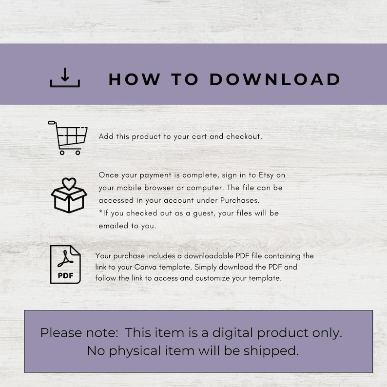 Puede incluir: Una gu&iacute;a de descarga de productos digitales con el t&iacute;tulo "HOW TO DOWNLOAD" en texto negro. Las instrucciones incluyen agregar al carrito, acceder al archivo en Etsy y descargar un PDF con un enlace de plantilla de Canva. Es un producto digital.