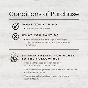 Puede incluir: Fondo blanco con texto negro que detalla las condiciones de compra. El texto incluye lo que puedes hacer, lo que no puedes hacer y lo que aceptas al comprar. El texto est&aacute; organizado con vi&ntilde;etas y marcas de verificaci&oacute;n.