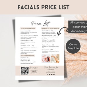 Kosmetikerin Preisliste Vorlage, Gesichtspreismenü, Gesichtspreisliste im Schönheitssalon, Preisliste und Scan-to-Pay, Spa-Preisliste, Massagemenü