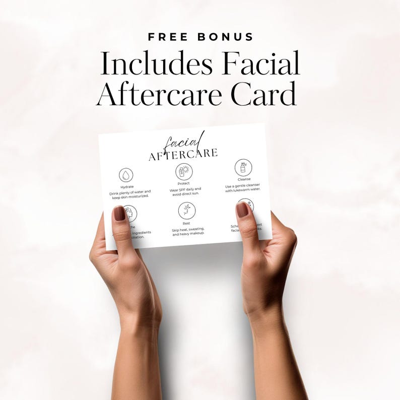 The text reads: Free Bonus, Includes Facial Aftercare Card. The facial aftercare card is being held by a woman's manicured hands.