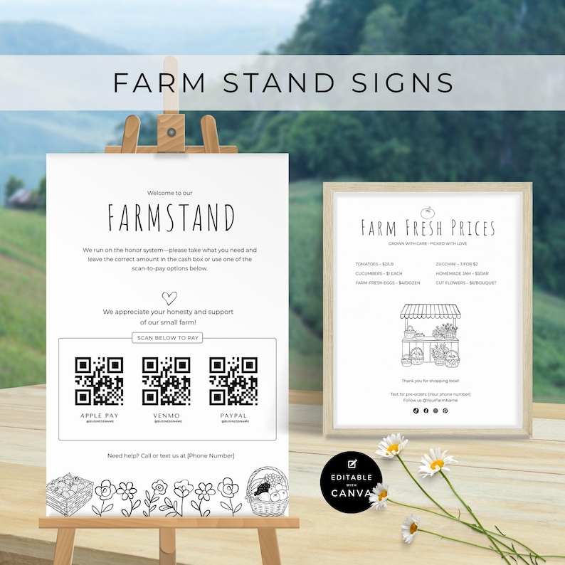 Printable black-and-white farmstand welcome sign displayed on a wooden easel with a soft farm background. Includes Apple Pay, Venmo, and PayPal QR codes and simple floral illustrations.