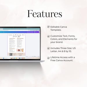 The text at the top is reads Features. There is a laptop with a facials price list template being edited in Canva. The text to the right of the laptop reads: Editable Canva Template. "Customize Text, Fonts, Colors, and Elements for your brand.  Includes Three Size: US Letter, A4 & 8 by 10. Lifetime Access with a Free Canva Account."