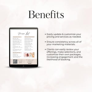 The text at the top is reads Features. There is a tablet with a facials price list template being displayed. The text to the right of the tablet reads: Easily update & customize your pricing and services as needed. Ensure consistency across all of your marketing materials.  Clients can easily review your offerings, make selections, and customize their own packages, increasing engagement and the likelihood of booking.