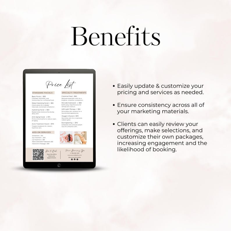 The text at the top is reads Features. There is a tablet with a facials price list template being displayed. The text to the right of the tablet reads: Easily update & customize your pricing and services as needed. Ensure consistency across all of your marketing materials.  Clients can easily review your offerings, make selections, and customize their own packages, increasing engagement and the likelihood of booking.