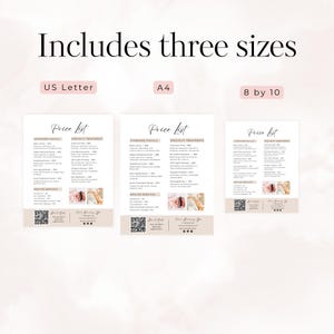 The text at the top reads: Includes three sizes. Three are three facial price list templates displayed with their sizes labeled at the top: US Letter, A4 and 8 by 10.