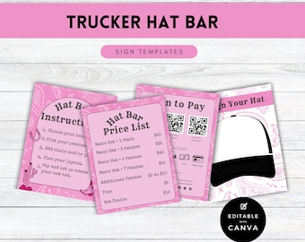 Plantilla de letrero para bar con gorra de camionero: Lista de precios, instrucciones, pago mediante escaneo (Canva editable)