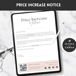 Op de afbeelding: Een prijsverhogingsovereenkomst voor klanten. De overeenkomst bevat een QR-code om afspraken te boeken, een websiteadres en social media-pictogrammen. De tekst luidt: "Prijsverhogingsovereenkomst", "Geachte klanten", "Bedankt voor uw vertrouwen in mijn haarverzorging! Ik wilde u laten weten dat er vanaf [datum invoegen] een kleine prijsverhoging zal zijn voor mijn diensten. Deze verandering stelt me in staat om u te blijven voorzien van producten, gereedschap en zorg van de hoogste kwaliteit."