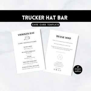 Istruzioni per la cura del Trucker Hat Bar e modello modificabile per biglietti di ringraziamento aziendali Canva