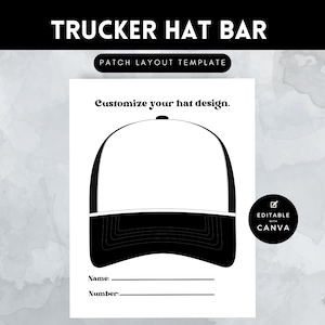 Pode incluir: Um modelo em preto e branco para personalizar o design de um chapéu de caminhoneiro. O modelo inclui um espaço em branco para um remendo, um espaço para um nome e um espaço para um número. O texto "Personalize o design do seu chapéu." está no topo do modelo. O texto "EDITÁVEL COM CANVA" está em uma caixa no canto inferior direito do modelo.