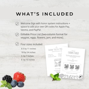 Farm stand sign bundle preview showing all included pages: editable price list, welcome sign. Black-and-white Canva templates