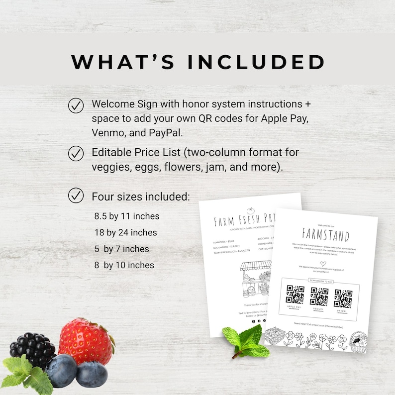 Farm stand sign bundle preview showing all included pages: editable price list, welcome sign. Black-and-white Canva templates