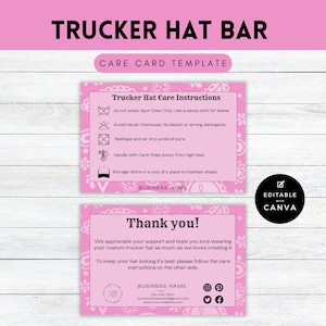 Trucker Hat Bar Vorlage, Western Boutique, Geschäft Dankeschön-Karte, Pflegekarte, Hutpflegeanleitung, Waschanleitung