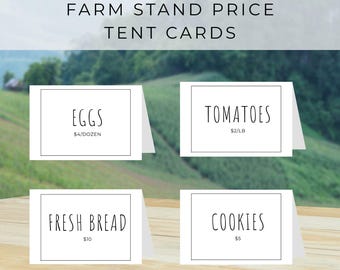 Plantilla de tarjetas de precios para puestos de venta de productos agrícolas y productos horneados.