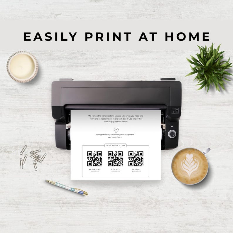 Minimal ink usage printable farm stand signs coming out of a home printer. Designed for easy at-home printing or professional printing.